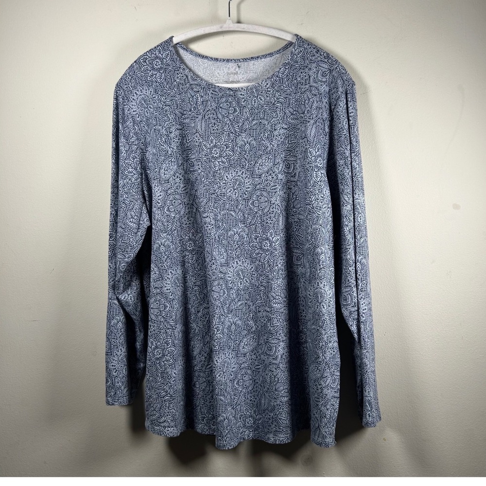 Pure Jill Shirttail Tee Womens 2X Blue Floral Paisley Pima Cotton Long Sleeve